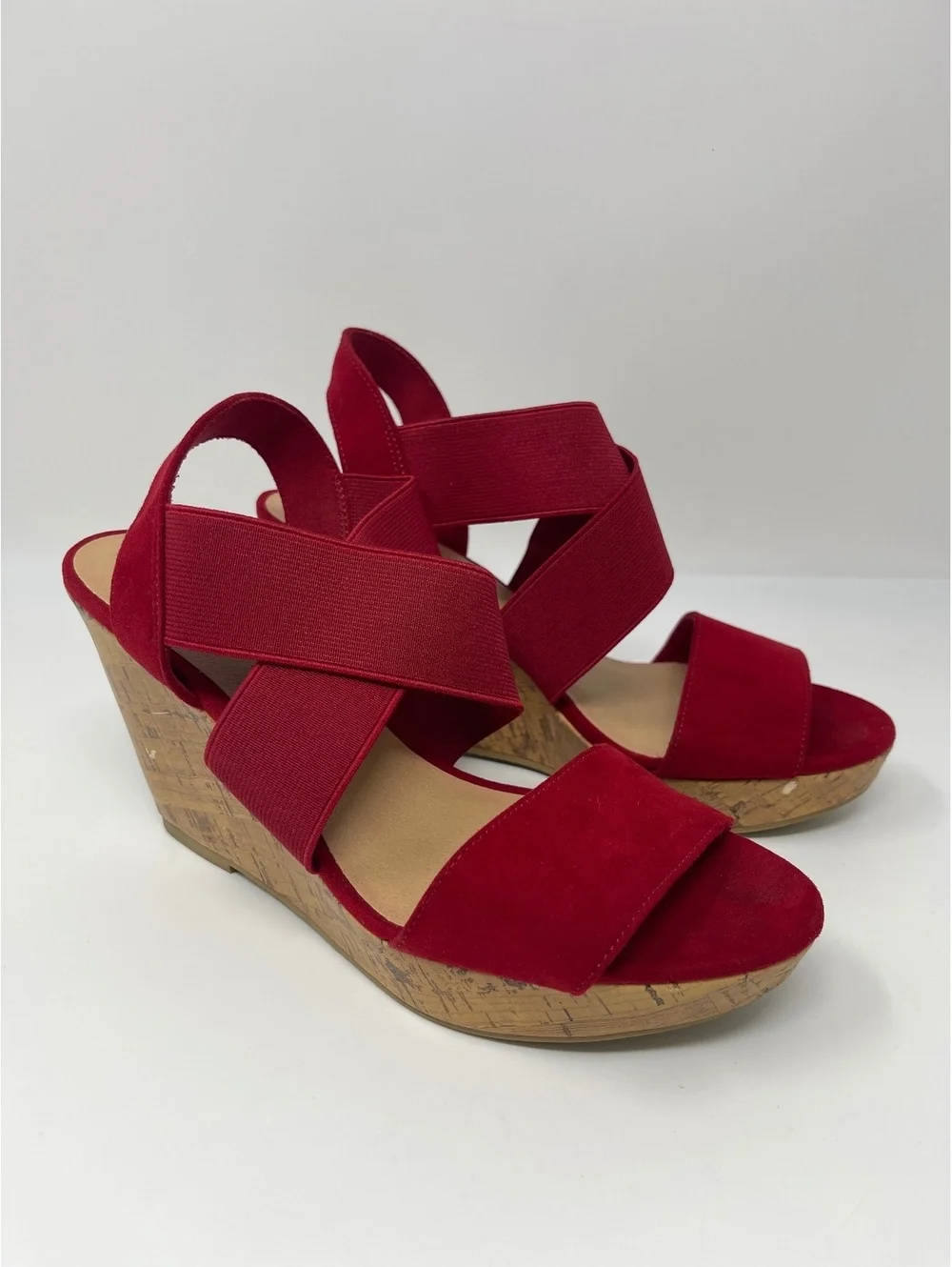 American Eagle Heels Womens Sz 9.5 Wedge Platform Sandals Red Suede Elastic Cork